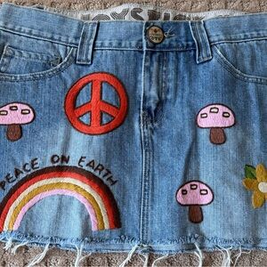 Denim Skirt with Embroidered Peace Design